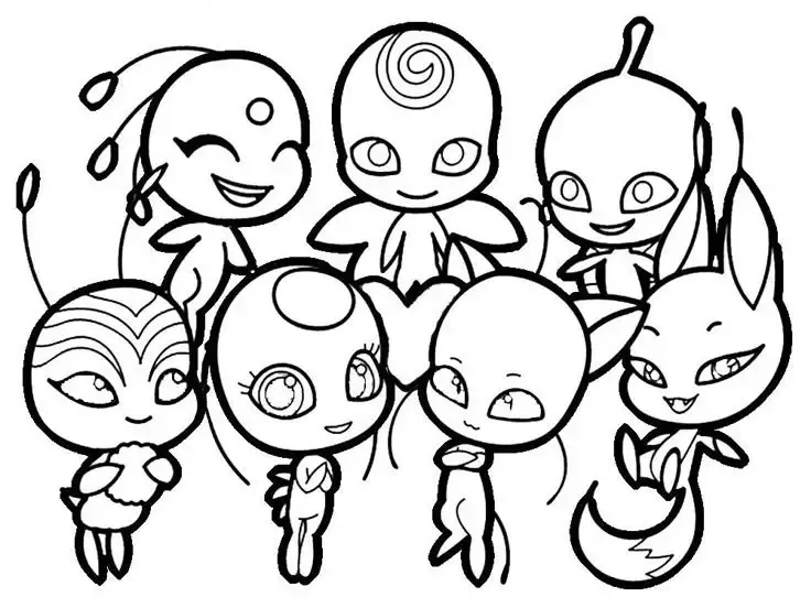 Desenho de Ladybug para colorir e imprimir. Desenho para colorir dos Kwamis de Miraculous Ladybug com diferentes formas, expressões e detalhes únicos. Tikki, Plagg e todos os seus amigos reunidos para uma festa.
